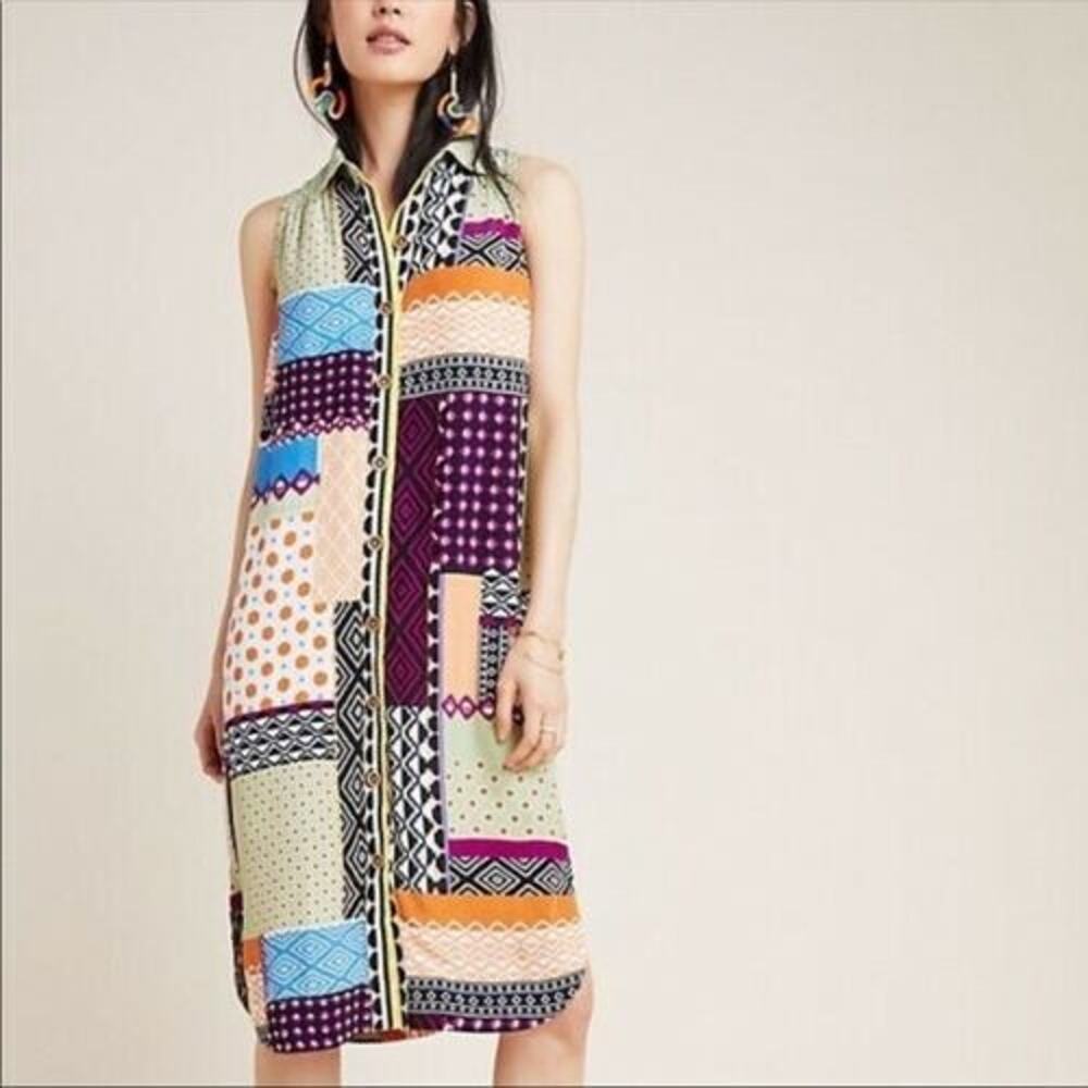 Anthropologie Everyway Patchwork Green Purple Sleeveless Shirt Dress US 10